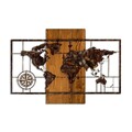 Decoratiune de perete, World Map With Compass 5, Dimensiuni: 58 x 85 cm, Nuc / Maro