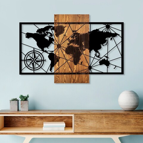 Decoratiune de perete, World Map 3-M, Dimensiuni: 57 x 84 cm, Nuc / Negru