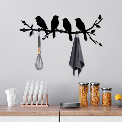 Cuier de perete, Sitting Birds, Lățime: 62 cm Înălțime: 42 cm Adâncime: 2 cm, Negru