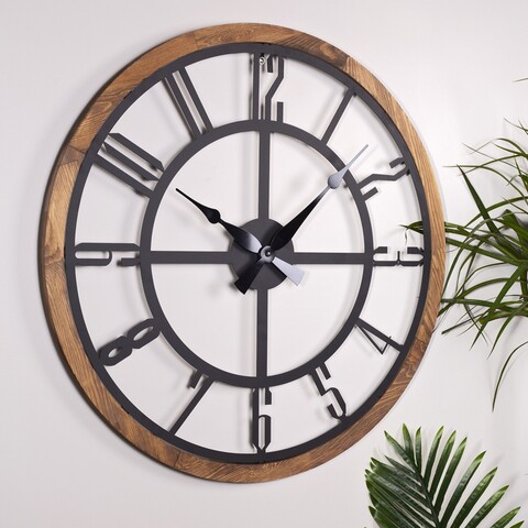 Ceas de perete, Bunella, Diametru: 80 cm, Negru / Stejar