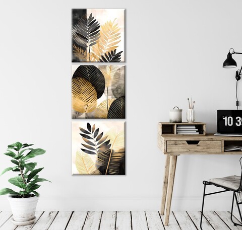 Set 3 tablouri decorative, FAH23, Cadru: 100% LEMN (Grosime: 2 cm), Aur/Negru