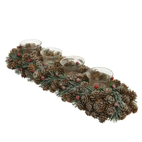 Decoratiune cu 4 suporturi pentru lumanari Pinecone w berries, Decoris, 13x47x9 cm,verde/maro/rosu