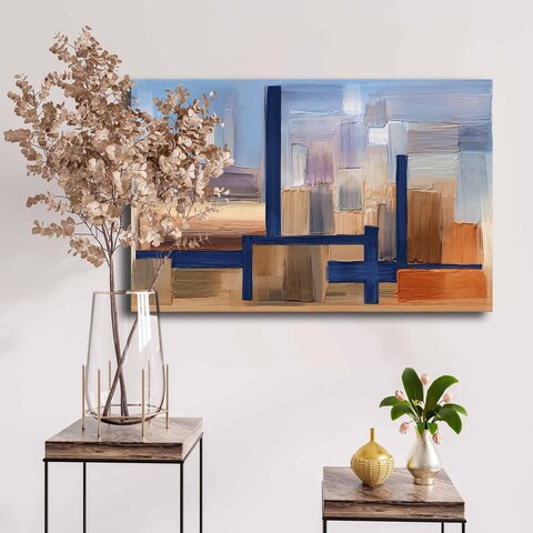 Tablou decorativ, 4570NISC-007, Lemn, Bleumarin / Bej / Portocaliu / Maro