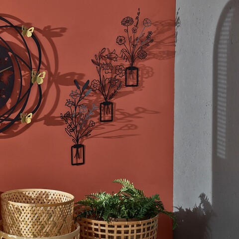 Decoratiune de perete, Flowers in Vase 3D, Dimensiune: 23 x 50 cm (1 bucată), Negru