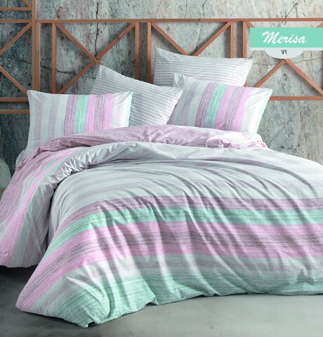 Lenjerie de pat pentru o persoana Merisa V1, Majoli Home Collection, 3 piese, 160x240 cm, bumbac ranforce, multicolor