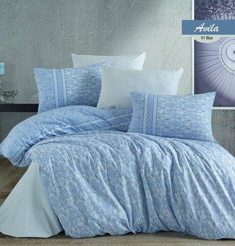 Lenjerie de pat dubla Avila V1, Majoli Home Collection, 4 piese, 240x260 cm, bumbac ranforce, albastru