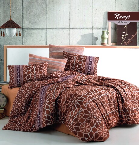 Lenjerie de pat dubla Navys V2, Majoli Home Collection, 4 piese, 240x260 cm, bumbac ranforce, maro