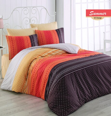 Lenjerie de pat dubla Summer v2, Majoli Home Collection, 4 piese, 240x260 cm, bumbac ranforce, portocaliu