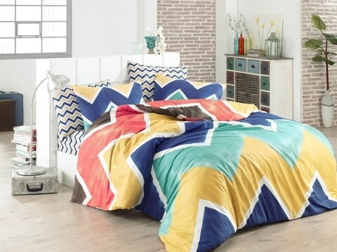 Lenjerie de pat dubla Zigzag, Majoli Home Collection, 4 piese, 240x260 cm, bumbac ranforce, multicolor
