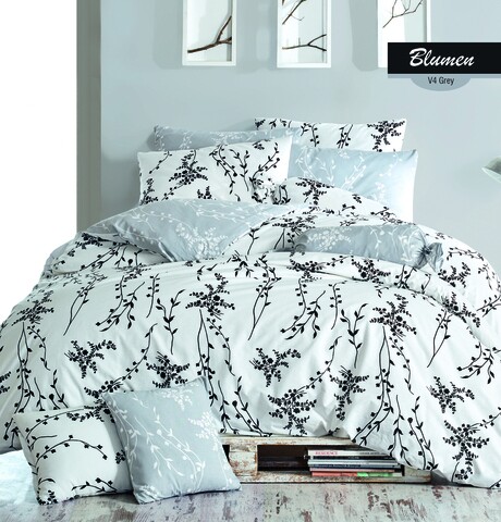 Lenjerie de pat dubla Blumen V4, Majoli Home Collection, 4 piese, 240x260 cm, bumbac ranforce, gri
