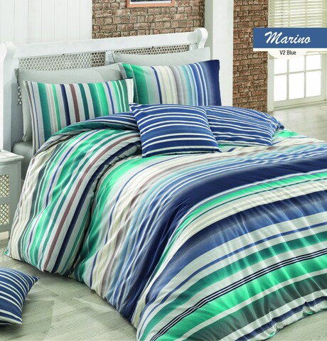 Lenjerie de pat dubla Marino v1, Majoli Home Collection, 4 piese, 240x260 cm, bumbac ranforce, albastru