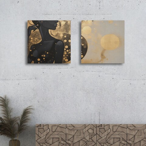 Set 2 tablouri decorative, ASR2-CNV25-11, Lemn, Auriu / Crem / Negru
