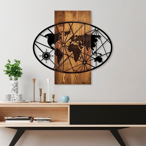 Decoratiune de perete, World Map 4-M, Dimensiuni: 57 x 62 cm, Nuc / Negru
