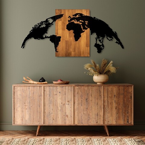 Decoratiune de perete, World Map 20, Dimensiune: 70 x 150 cm, Nuc / Negru