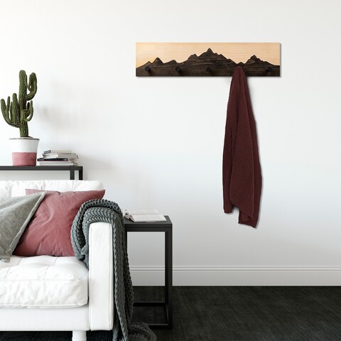 Cuier de perete din lemn, Mountain 3, Lățime: 60 cm Înălțime: 14 cm Adâncime: 5 cm, Natural/Negru