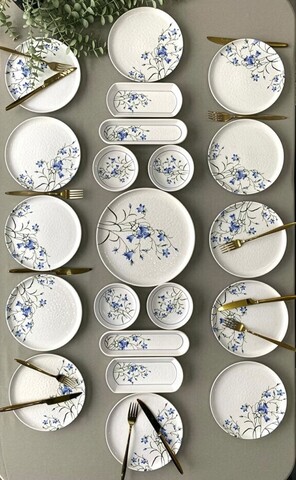 Set de mic dejun (21 Pieces), L'essentiel Maison, 759NRE1126, Farfurie de servire: 20 x 20 cm (12 bucăți), Albastru/Alb