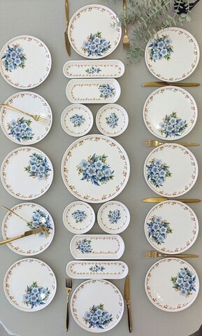 Set de mic dejun (21 Pieces), L'essentiel Maison, 759NRE1124, Farfurie de servire: 20 x 20 cm (12 bucăți), Albastru/Alb