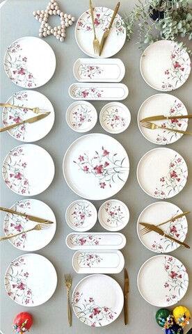 Set de mic dejun (21 Pieces), L'essentiel Maison, 759NRE1127, Farfurie de servire: 20 x 20 cm (12 bucăți), Albastru/Alb