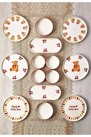 Set de mic dejun (14 Pieces), L'essentiel Maison, 430KSV6207, Platou: 25 x 11 x 3,5 cm (2 bucăți), Maro/Alb