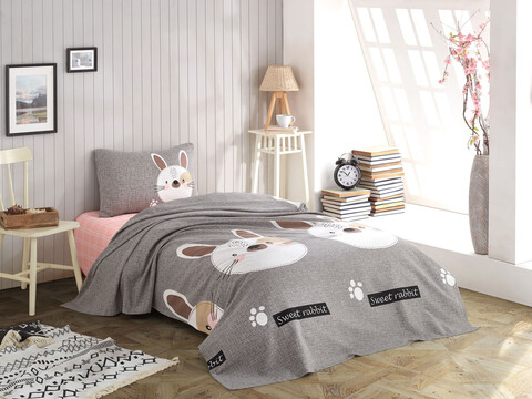 Set cuvertura pique Single 2 piese, L'essentiel Maison, Tavşancık, Grey / Brown / Beige / Black / Pink