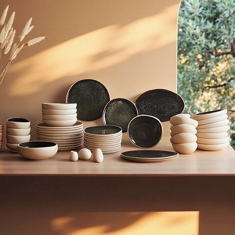 Serviciu de masa (55 Pieces), L'essentiel Maison, 216KRC1273, Farfurie: 20,5 x 19,5 x 3,5 cm (12 bucăți), Alb/Negru