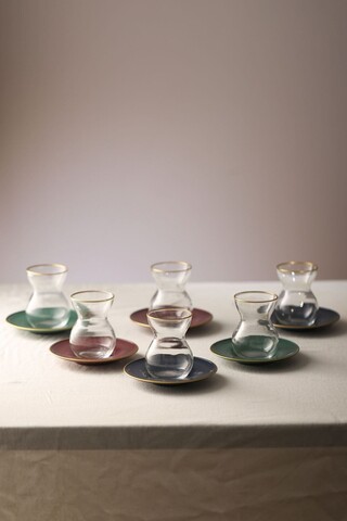 Set pahare pentru ceai (12 Pieces), L'essentiel Maison, 127RKL1203, Farfurie: 12 x 12 x 1,7 cm (6 bucăți), Transparent / Auriu / Albastru închis / Vișiniu / Verde