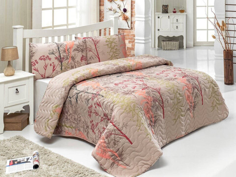 Set cuvertura matlasata Single 160x220 cm, 2 piese, L'essentiel Maison, Urla, Bej / Nurcă / Somon / Verde