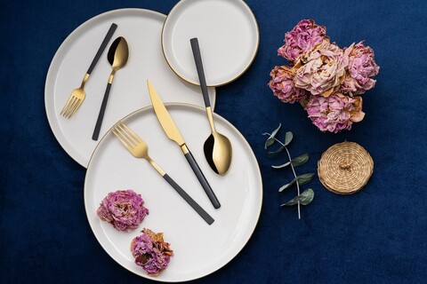 Set tacamuri (12 Pieces), L'essentiel Maison, 294HRO1102, Furculiță de masă: 21 x 2,5 cm (4 bucăți), Aur/Negru