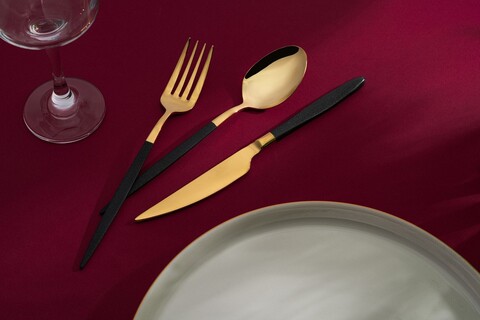 Set tacamuri (12 Pieces), L'essentiel Maison, 294HRO1109, Furculiță de masă: 21 x 2,5 cm (4 bucăți), Aur/Negru