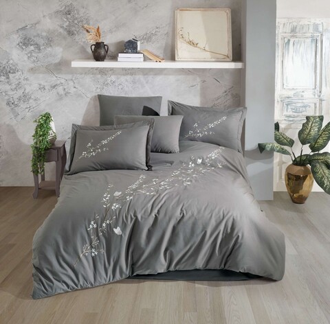 Lenjerie de pat dubla din poplin brodat, L'essentiel Maison, Vera, Gri