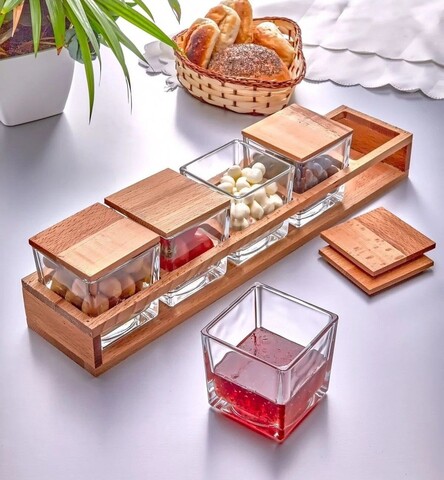 Set de mic dejun (11 piese), L'essentiel Maison, 111LIV1701, Capace din lemn (5 bucăți), Transparent / Natural