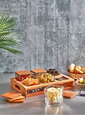 Set de mic dejun (13 piese), L'essentiel Maison, 111LIV1702, Capace din lemn (6 bucăți), Transparent / Natural