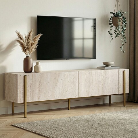 Comoda TV, Hanah Home, Nexus, 180x30x45 cm, Travertin / Auriu