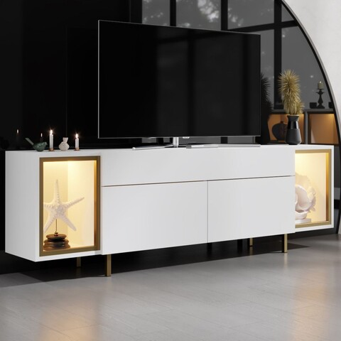 Comoda TV, Hanah Home, Zenith, 180x55x32 cm, Alb/Auriu