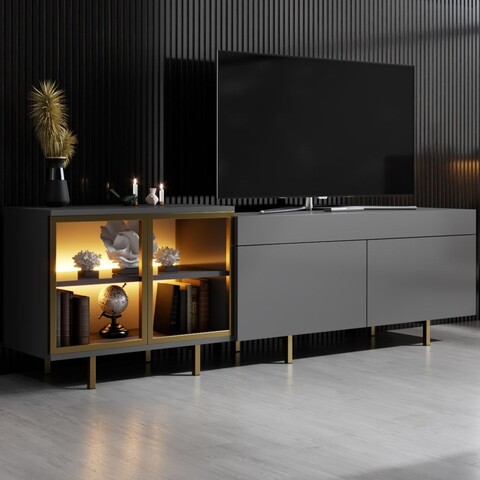 Comoda TV, Hanah Home, Vienna, 190x57x37 cm, Antracit / Aur