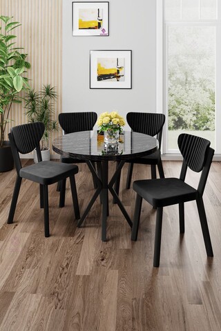 Set masă și scaune (5 bucăți), Hanah Home, Agnes, Marmură neagră / Negru