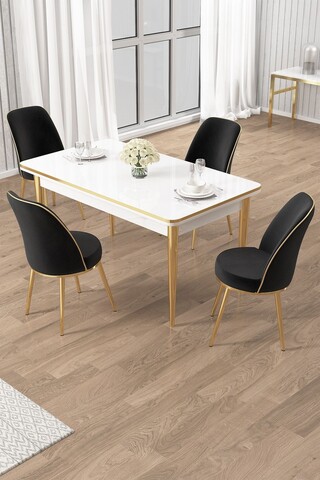 Set masa si scaune (5 piese), Hanah Home, Rewa, Alb / Auriu / Negru