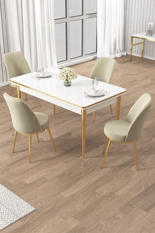 Set masa si scaune (5 Pieces), Hanah Home, Rewa, Alb / Auriu / Crem