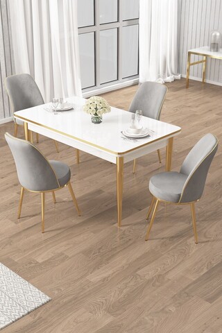 Set masa si scaune (5 Pieces), Hanah Home, Rewa, Alb / Auriu / Gri