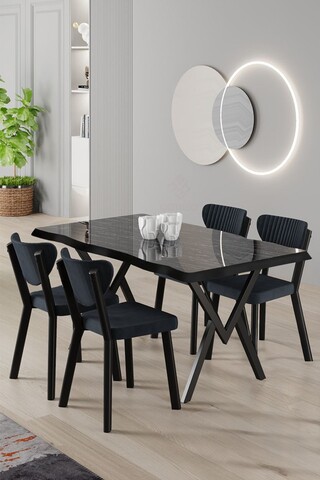 Set masa si scaune (5 Pieces), Hanah Home, Reglare, Marmură neagră / Antracit
