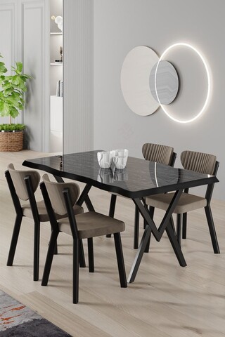 Set masa si scaune (5 piese), Hanah Home, Akort, Marmură neagră / Cappuccino