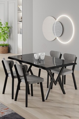Set masa si scaune (5 piese), Hanah Home, Akort, Marmură neagră / Gri