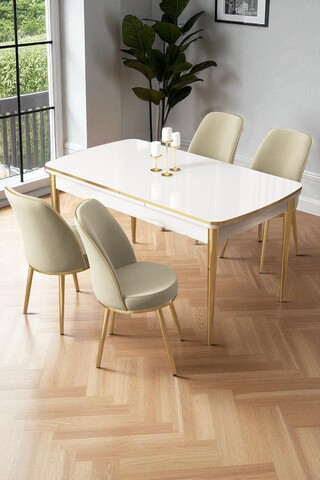 Set masa extensibila si scaune (5 piese), Hanah Home, Nira, Alb / Auriu / Crem