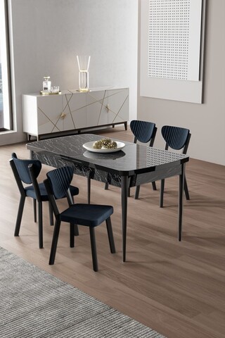 Set masa extensibila si scaune (5 piese), Hanah Home, Exve, Marmură neagră / Antracit