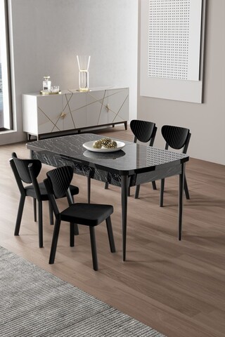 Set masa extensibila si scaune, Hanah Home, Exve, Marmură neagră / Negru