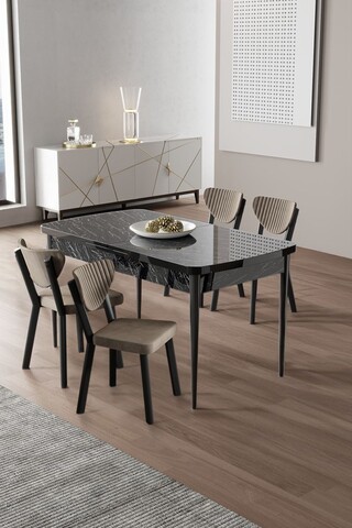 Set masa extensibila si scaune (5 piese), Hanah Home, Exve, Marmură neagră / Cappuccino