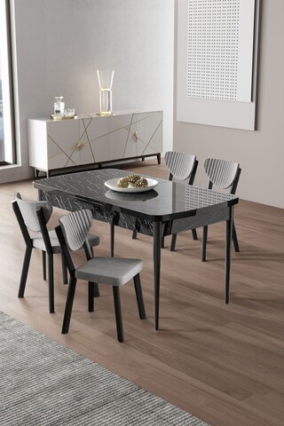 Set masa extensibila si scaune (5 piese), Hanah Home, Exve, Marmură neagră / Gri