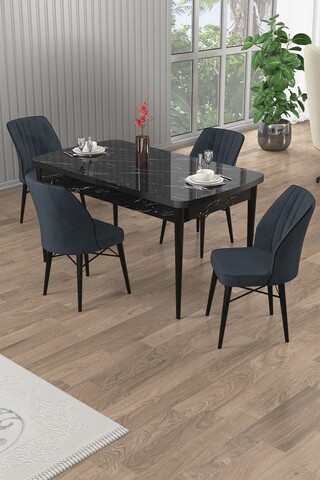 Set masa extensibila si scaune (5 piese), Hanah Home, Uzi, Marmură neagră / Antracit