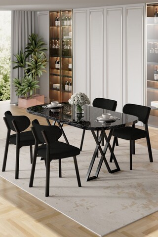 Set masă și scaune (5 bucăți), Hanah Home, Axton, Marmură neagră / Negru