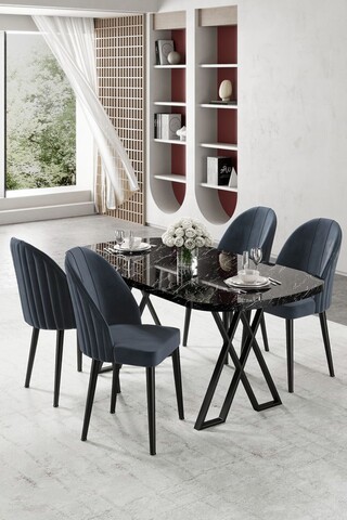 Set masă și scaune (5 bucăți), Hanah Home, Kaye, Marmură neagră / Antracit
